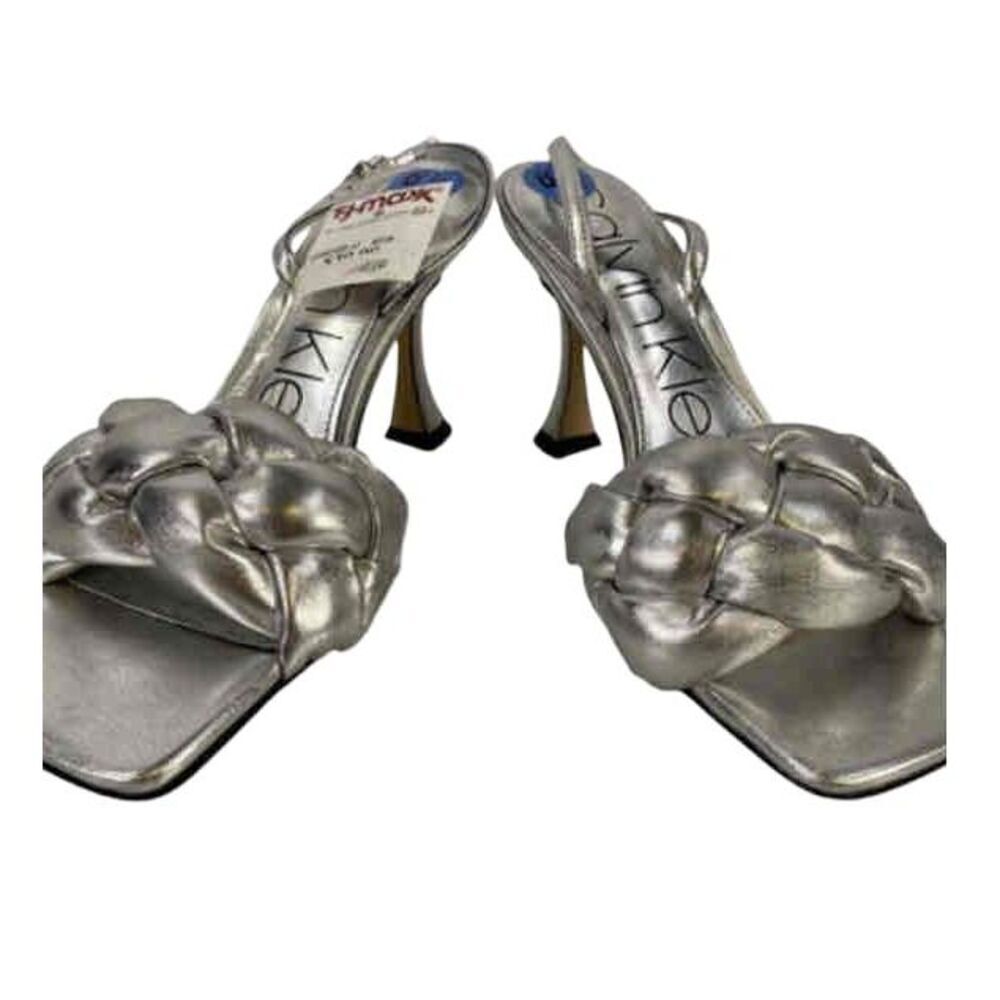 NEW Calvin Klein Silver Strappy Open Toe Square Toe Heels Womens Size 6.5
